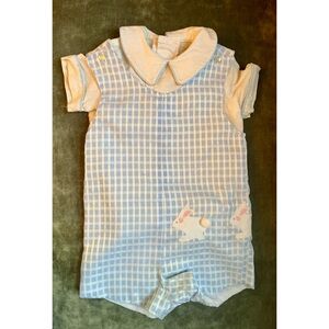 Funtasia Vintage Baby Boy Romper Set Easter Bunnies White / blue Checks size 2